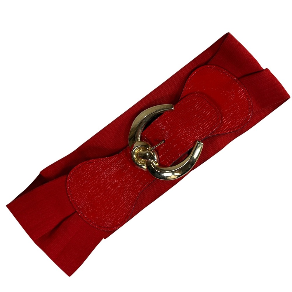 Vintage 80s 90s Red Wide Elastic Cinch Belt Gold Tone Statement Buckle VLC-569